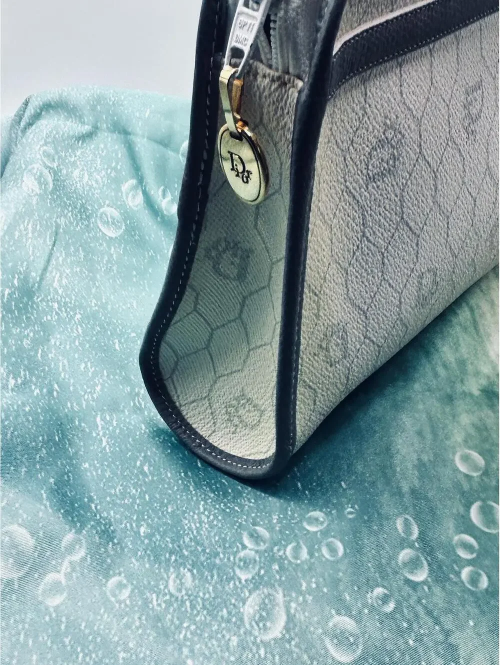 Vintage Christian Dior Honeycomb Canvas Cosmetic Bag/ Clutch – White/Grey
